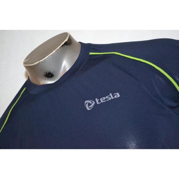 1050 Tesla Gym Shirt Athletic Workout Blue Polyester Size 2XL Fitted Mens - Picture 1 of 7